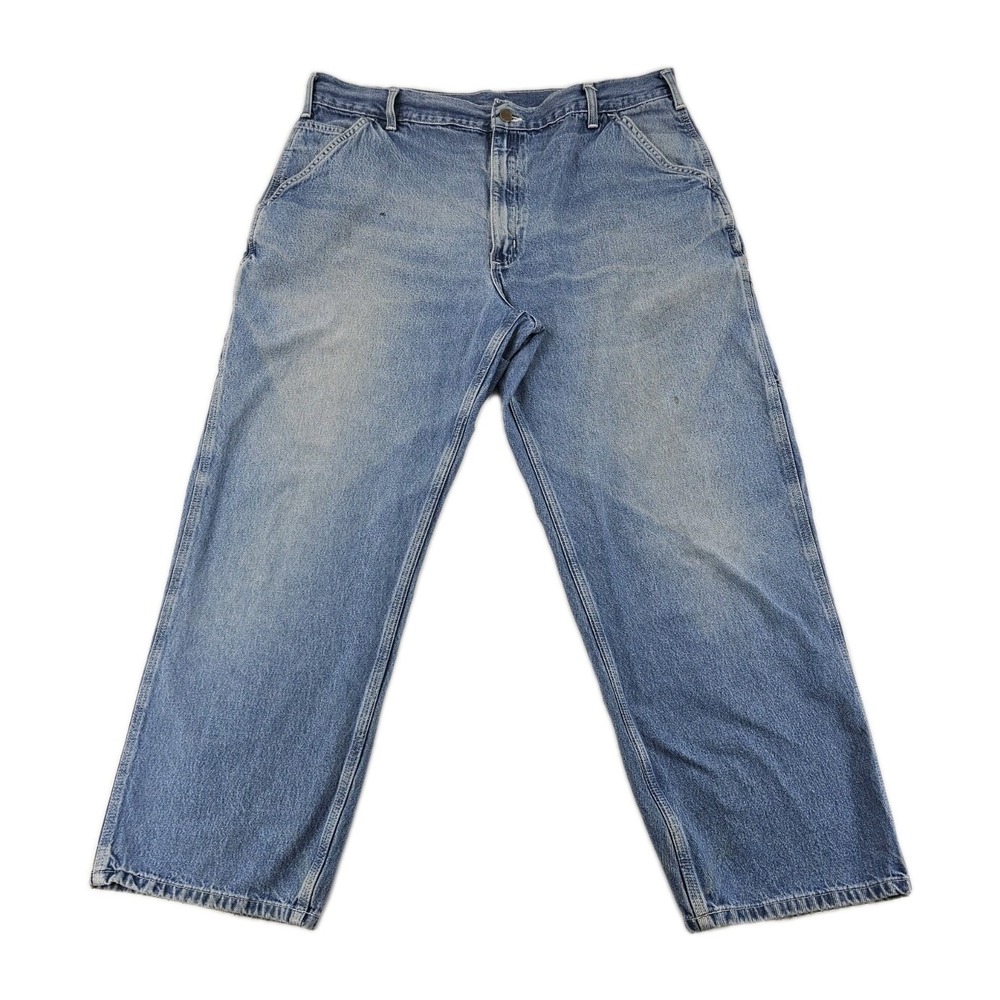 Carhartt Carpenter Utility Pants Mens 40x30 Denim Blue Jeans Distressed B13-DST‎